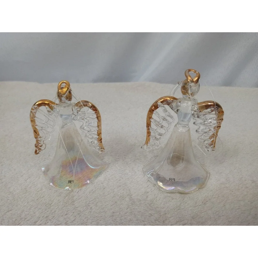 Lot of 2 Avon Glass Angel Ornaments Vintage Gold Trim Iridescent Christmas w/ Bo